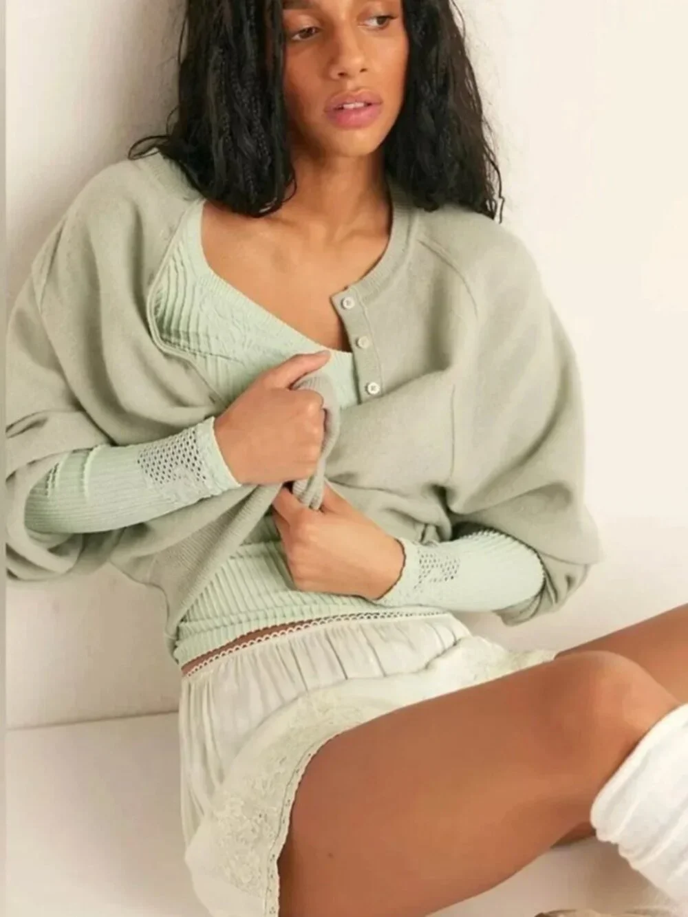 Free People Women's Dynamic Duo Long Sleeve Top In Celadon - Size M/L  NWT